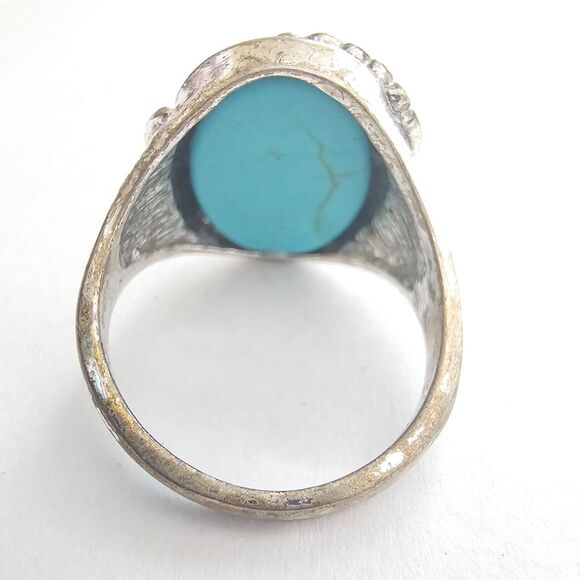 Silver Tone Turquoise Simulant Statement Ring Size 8.5 Southwestern Style Boho - Picture 5 of 6